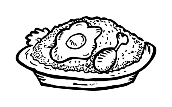 Riz frit indonésien au poulet et doodle aux œufs — Image vectorielle