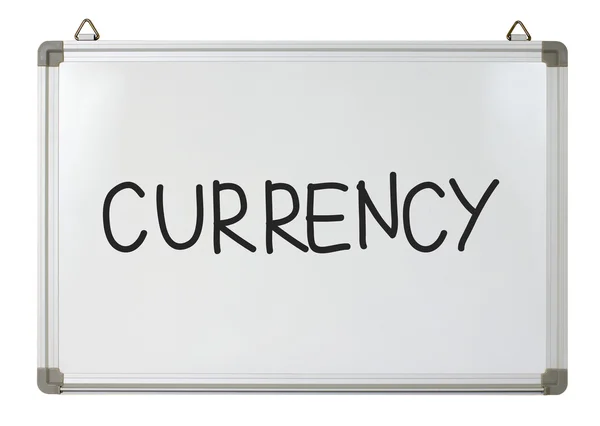 Palavra de moeda escrita no quadro branco — Fotografia de Stock