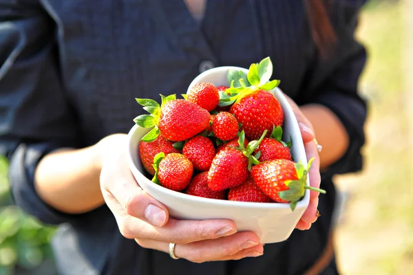 Strawberry in heart shape bowl — Stock Photo, Image