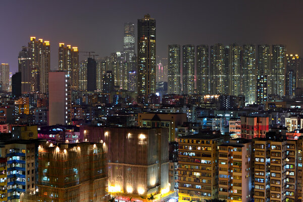 Hong Kong downtown with many building at night
