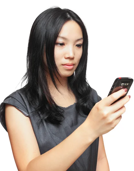 Gelukkig zakenvrouw mobiele telefoon gebruiken — Stockfoto