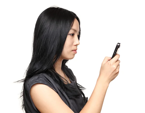 Girl read sms on phone — Stock Photo, Image