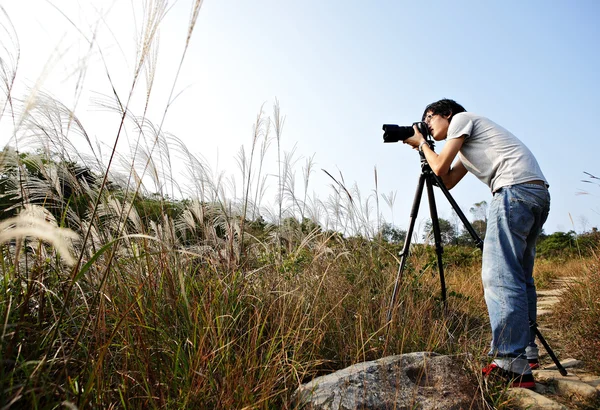 Photographer taking photo in wild — Stock Photo, Image