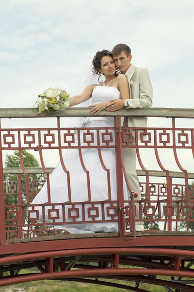 Pareja recién casada en el puente — Foto de Stock