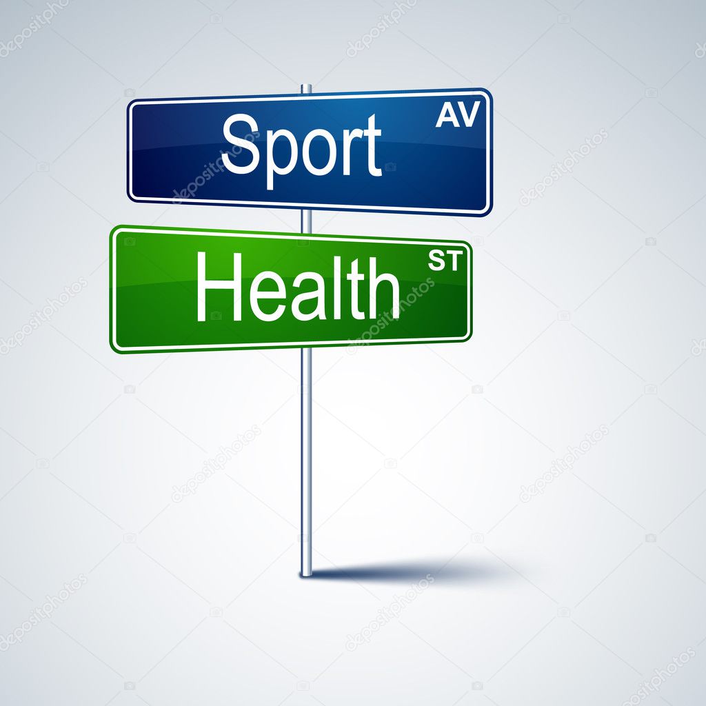Sport health direction road sign.