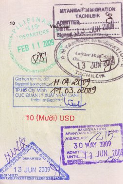 Travel visa stamps on passport clipart