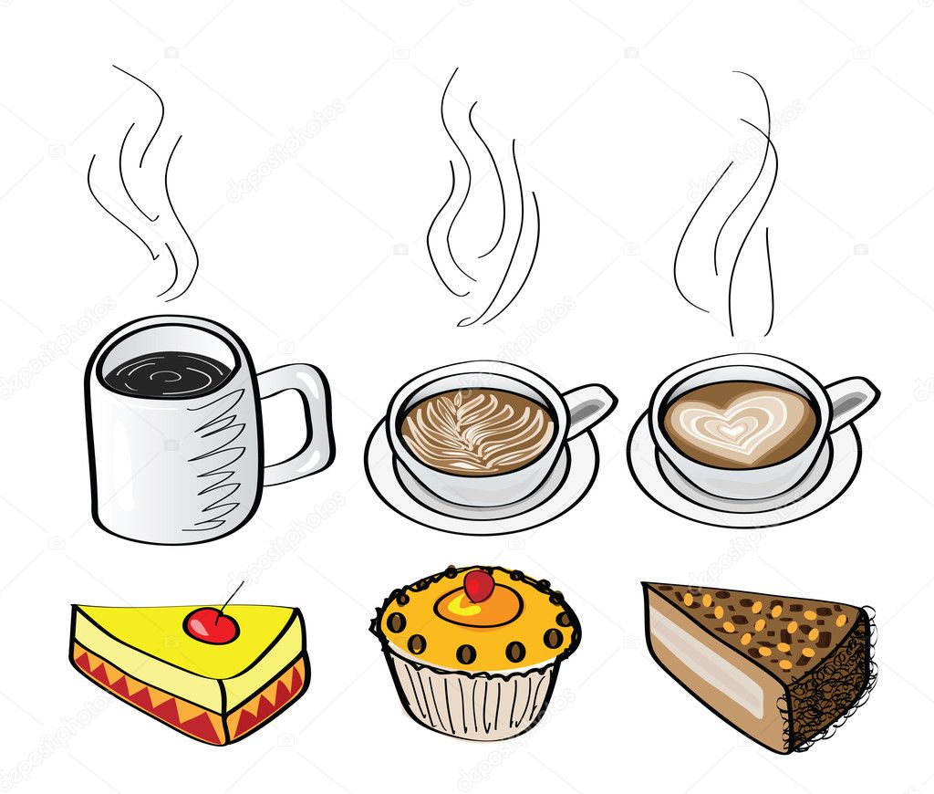 doodle illustrations of coffee and cakes