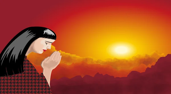 Eine betende Frau mit Sonnenuntergangslandschaft — Stockfoto