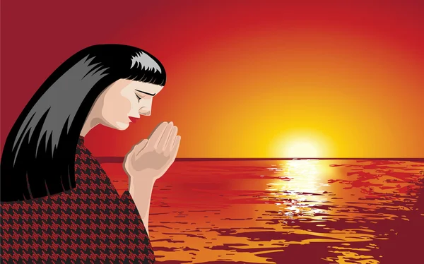 Kvinne som ber ved solnedgang – stockvektor