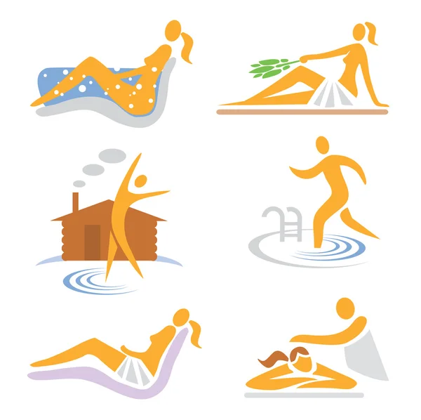 Benessere, sauna, spa, icone del massaggio — Vettoriale Stock