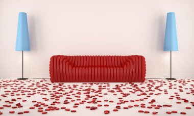 Room with red sofa and hearts on the floor with the blue floor l clipart