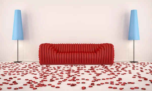 stock image Room with red sofa and hearts on the floor with the blue floor l