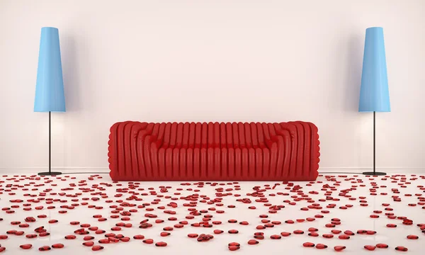 Camera con divano rosso e cuori sul pavimento con il pavimento blu l Immagini Stock Royalty Free