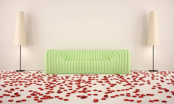 stock image Room with green sofa and hearts on the floor with the beige floo