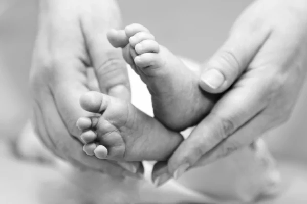 Mãe toque suave - pés bonitos do bebê — Fotografia de Stock