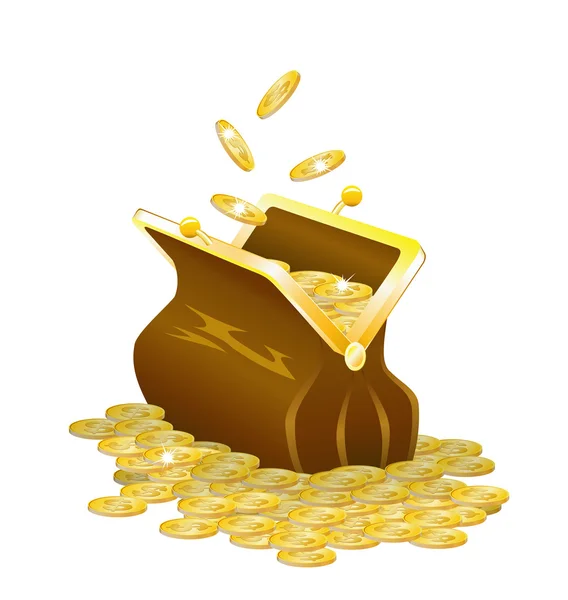 Monedero y monedas de oro . — Vector de stock