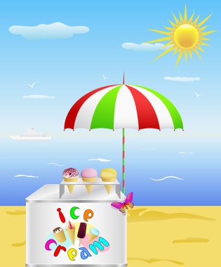 Tray with ice cream is on the beach. clipart