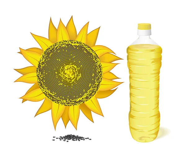 Соняшник, пляшка соняшникової олії та насіння . — стоковий вектор