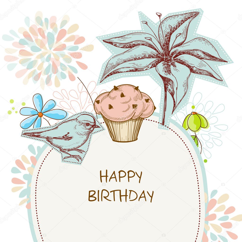 Happy birthday card, cupcake, bird and flowers