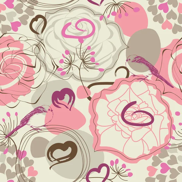 Motif floral sans couture rétro avec des oiseaux — Image vectorielle