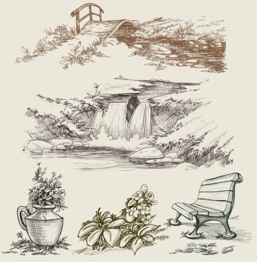 Park or garden design elements sketch clipart