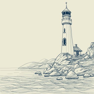 Lighthouse on seashore vector sketch