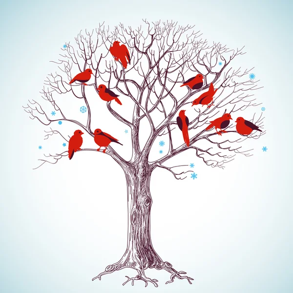 Winterbaum mit Vögeln — Stockvektor