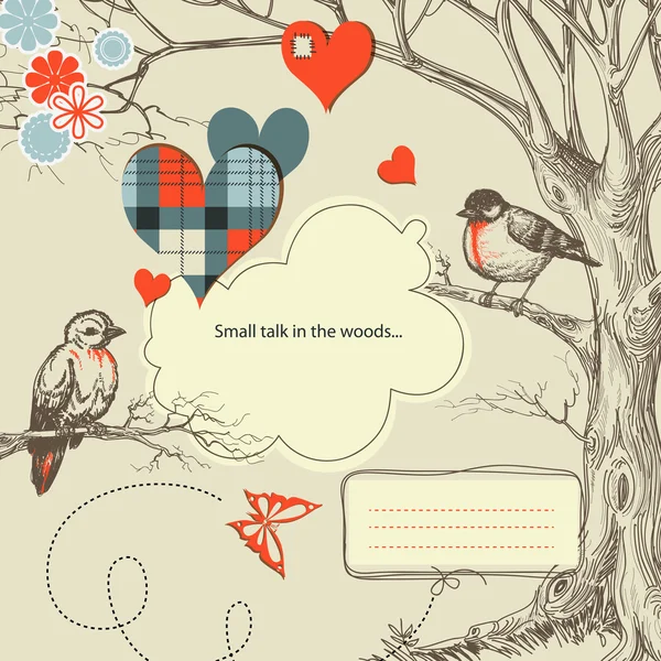 Amores pássaros falam na floresta ilustração vetorial — Vetor de Stock