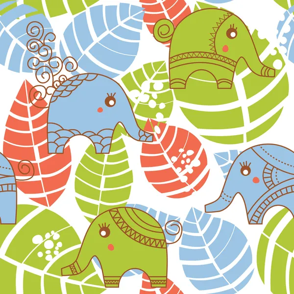 Цветные джунгли бесшовный рисунок со слонами — стоковый вектор