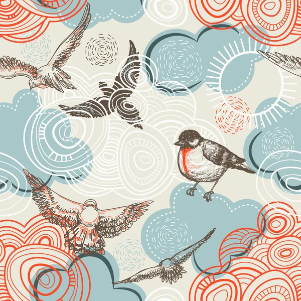 Oiseaux et nuages motif sans couture — Image vectorielle