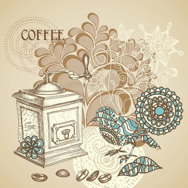 Retro coffee background featuring decorative bird grinding coffe — Stock Vector