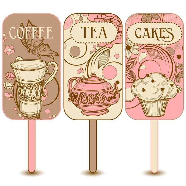 Étiquettes de café, thé et gâteaux — Image vectorielle