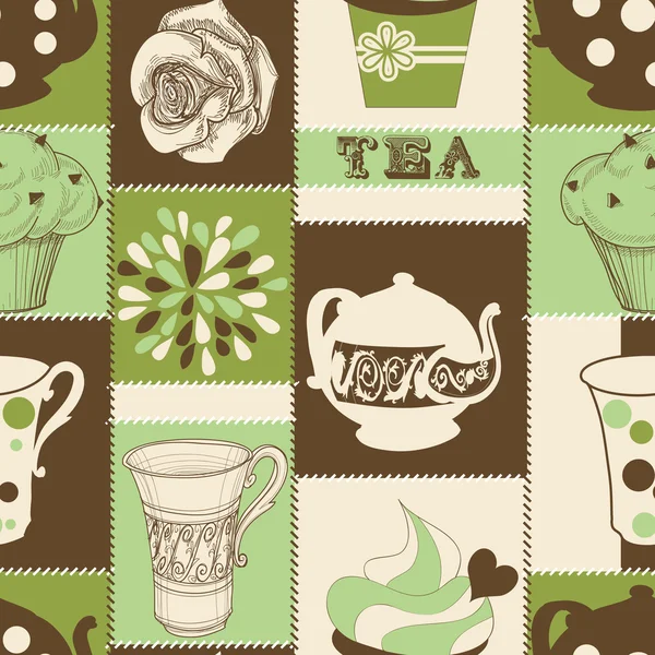 レトロな紅茶とケーキのシームレスなパターン — ストックベクタ