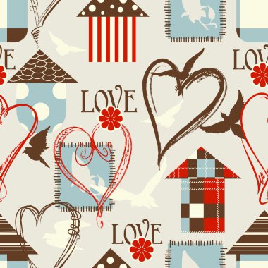 Love seamless pattern with birds, birdcages and hearts clipart