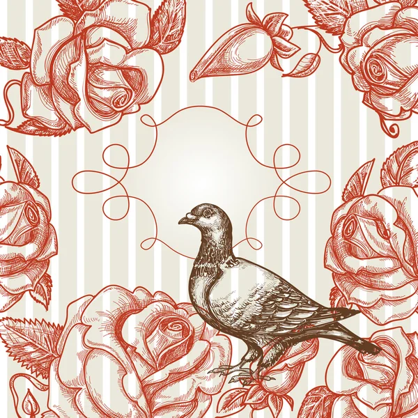 Fundo de elegância com amor pássaro, rosas e moldura para texto — Vetor de Stock