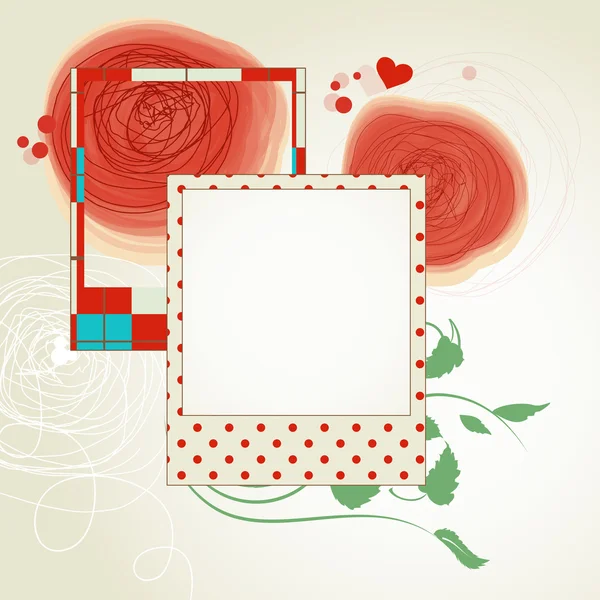 Röda blommor och fotoramar skrot layout — Stock vektor