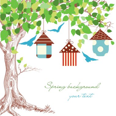 Spring tree, birdcages and blue birds background clipart