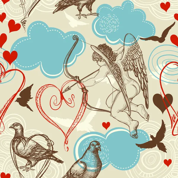 Hou van naadloze patroon, Cupido en liefde vogels — Stockvector