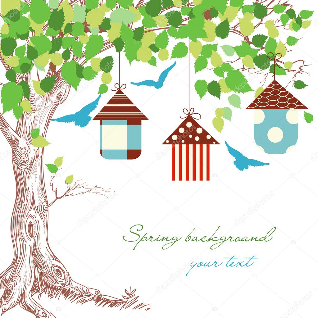 Spring tree, birdcages and blue birds background