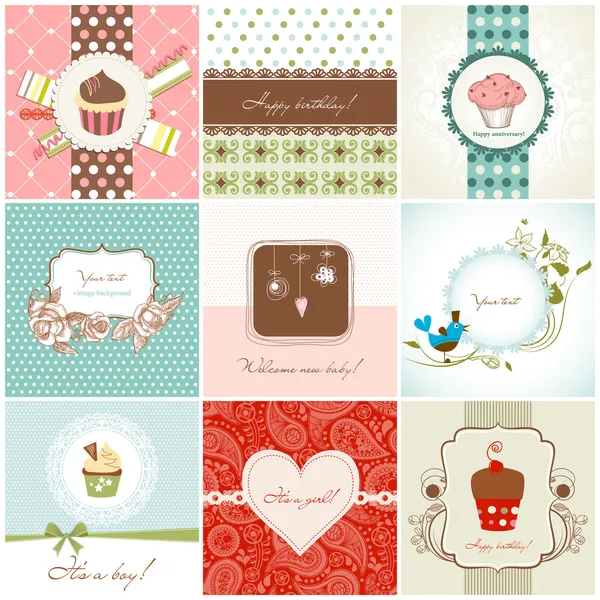Conjunto de tarjetas de felicitación y cupcakes — Vector de stock