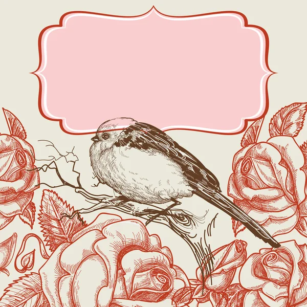 Plantilla de invitación de pájaro y rosas con marco para texto — Vector de stock
