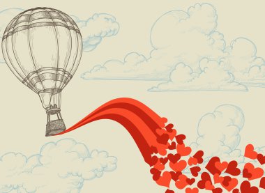Hot air balloon flying hearts romantic concept clipart