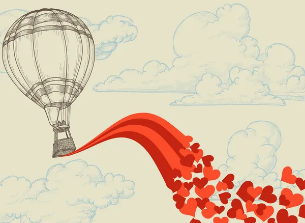 Horkovzdušný balon létající srdce romantické koncepce — Stockový vektor