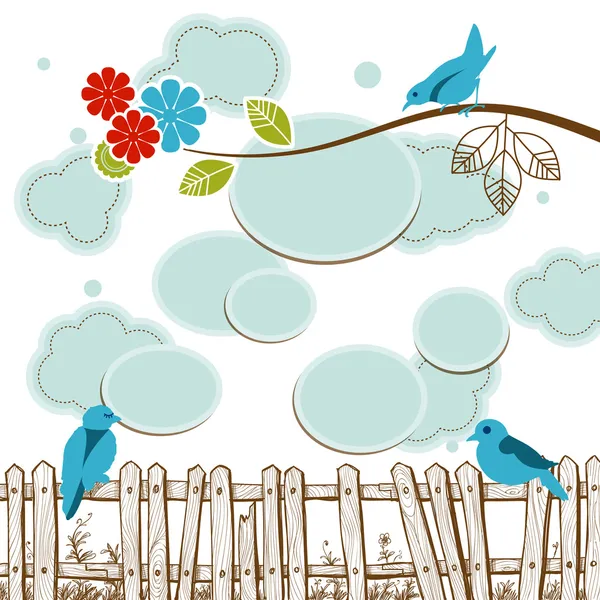 Uccelli che twittano concetto di social media con nuvole bolle vocali — Vettoriale Stock