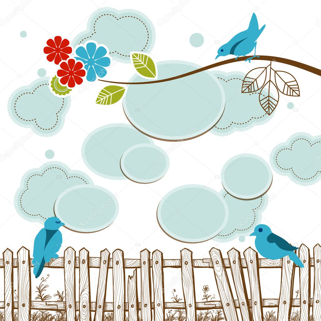 Birds tweeting social media concept with clouds speech bubbles