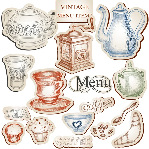 Vintage keukengerei en eten pictogrammen instellen — Stockvector