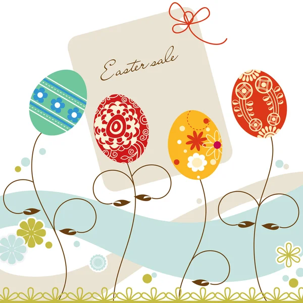 Etiqueta de venta de Pascua, huevos decorativos fondo — Vector de stock