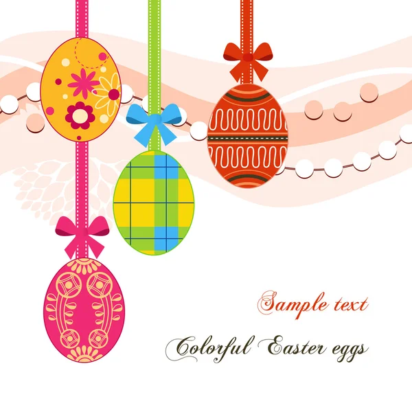 Colgando huevos de Pascua y cintas de fondo — Vector de stock