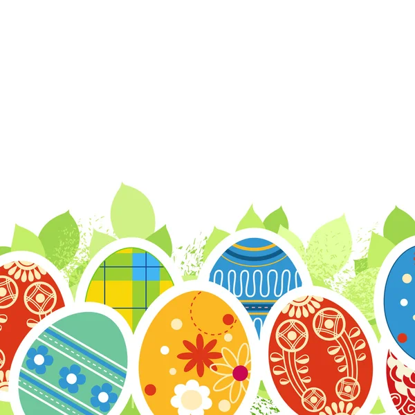 Oeufs de Pâques décorés et bordure de feuilles vertes — Image vectorielle