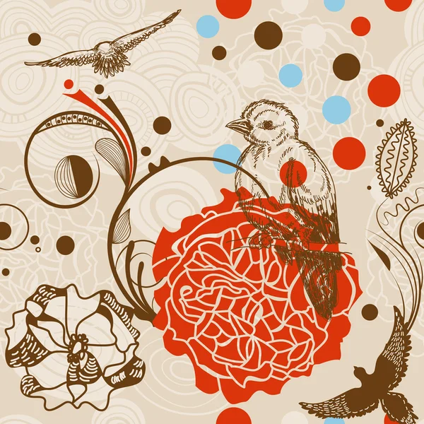 Jardin motif sans couture, oiseaux et fleurs design — Image vectorielle